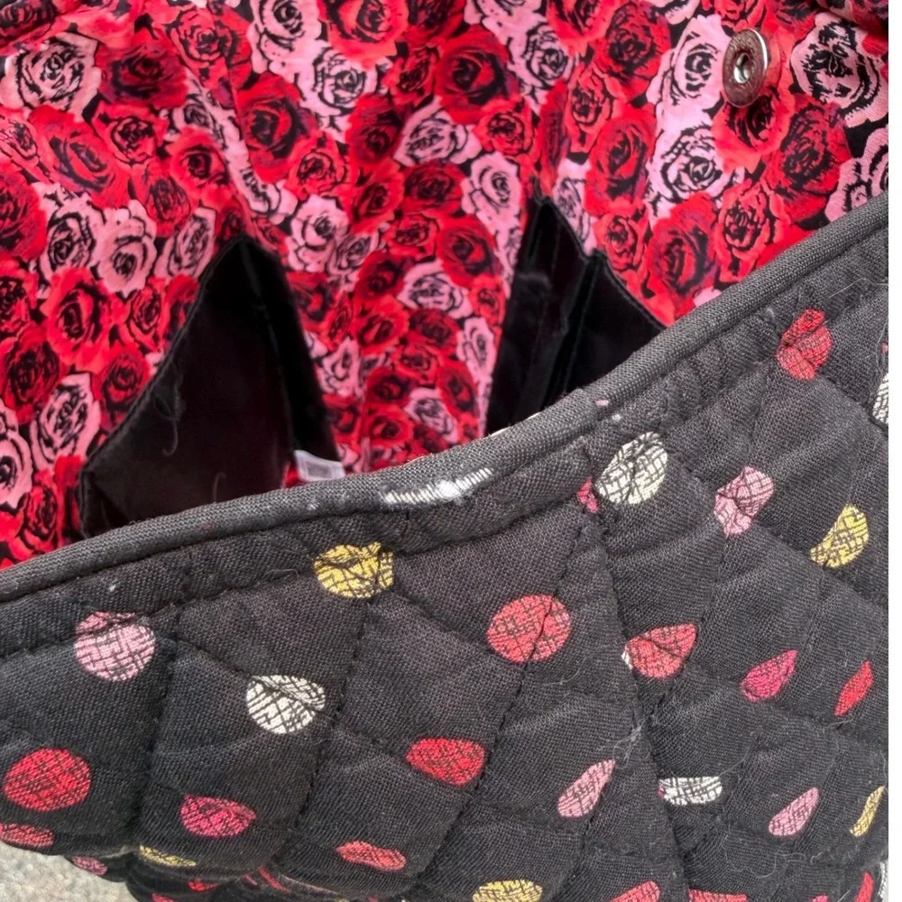 Vera Bradley Quilted Cotton Tote Bag Black Polka Dot Red Floral Interior Large